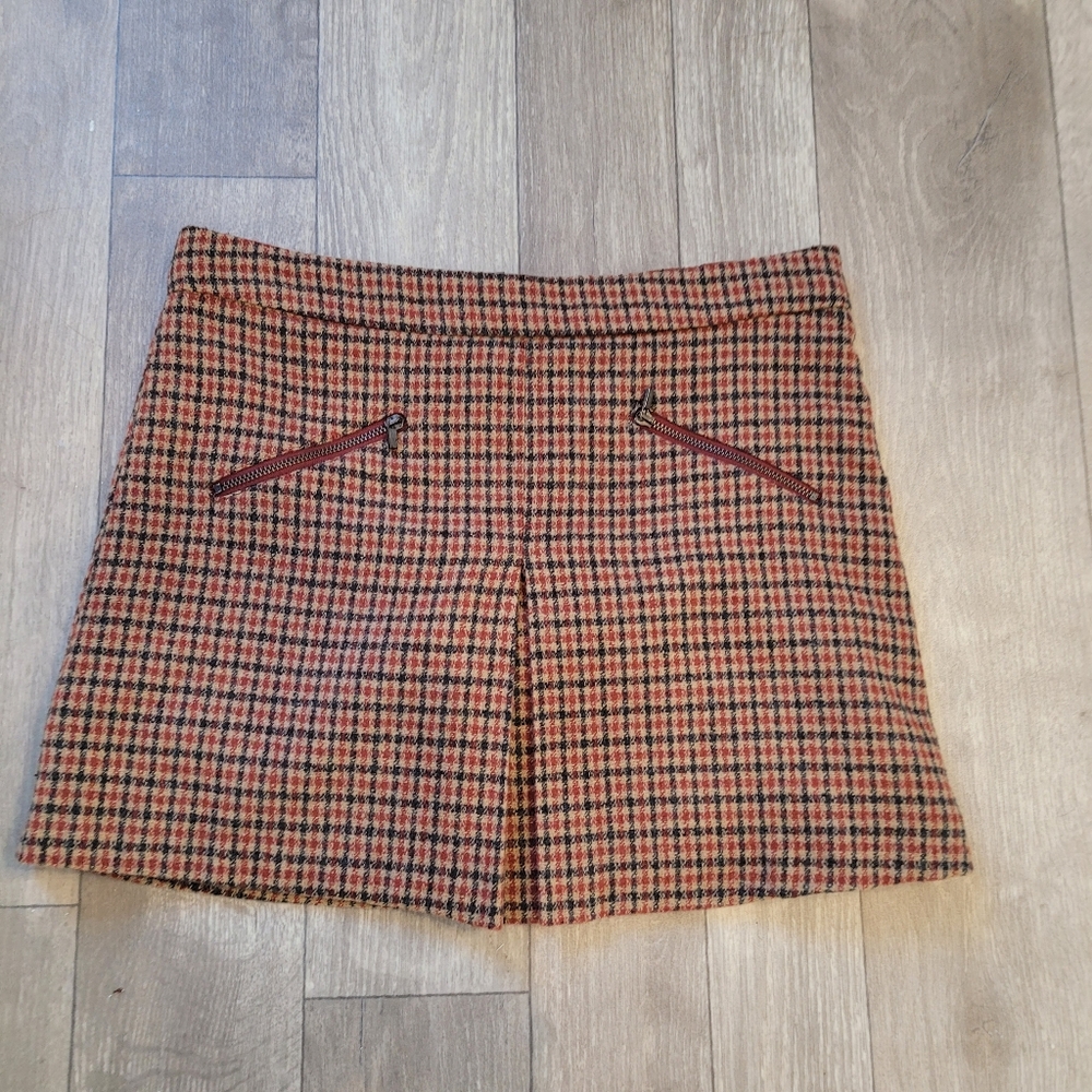 Zara Girls Plaid Mini Skirt Brown Gray Wool Blend Casual Collection Size 14